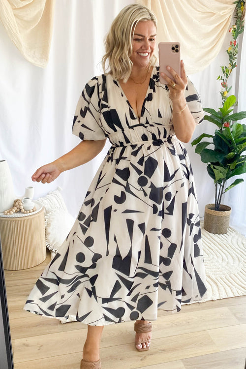 Abstract Geometric Print Deep V-Neck Puff Sleeve Cinched Waist Maxi Dress