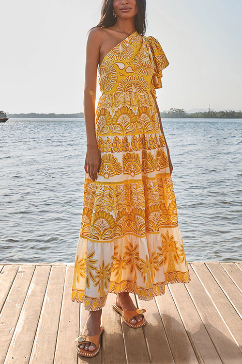 One Shoulder Flutter Sleeve Tiered Printed Maxi Dress