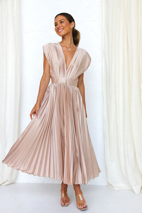 Pleated Satin Deep V-Neck Cap Sleeve Cinched Waist A-Line Midi Dress