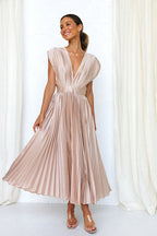 Pleated Satin Deep V-Neck Cap Sleeve Cinched Waist A-Line Midi Dress