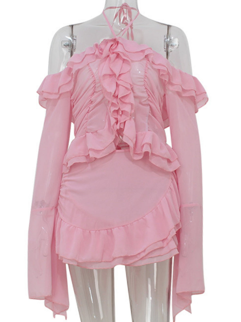 Ruffle Neck Strap Off-shoulder Long-sleeved Top And Skirt Sweet 2-piece Sets