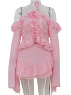 Ruffle Neck Strap Off-shoulder Long-sleeved Top And Skirt Sweet 2-piece Sets