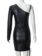 Imitation Leather Hollow Out Asymmetrical Collar Tie One-sided Long Sleeve Slim Fit Hip Body Mini&Short Dresses