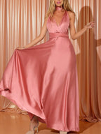 V-neck Satin Ribbon Long Skirt Parties Maxi Dresses