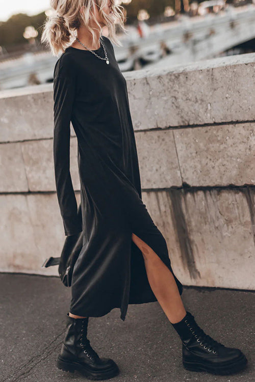 Knit Crew Neck Long Sleeve Relaxed Side Split Midi Dress