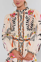 Puff Long Sleeves Button Up Floral Print Ruffle Mini Dress