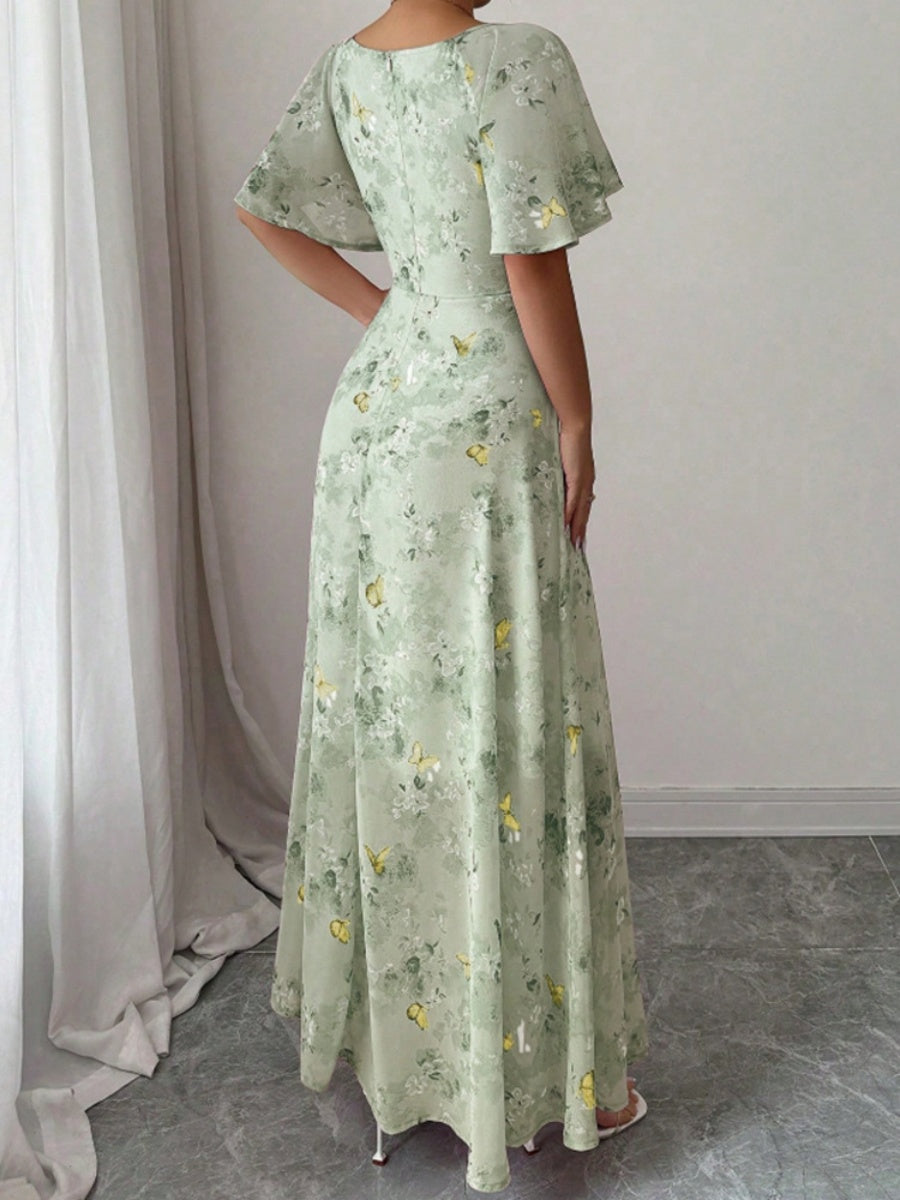 Floral Lotus Leaf Sleeves Sweetheart Collar Vacation And Leisure Maxi Dresses