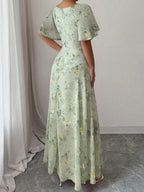 Floral Lotus Leaf Sleeves Sweetheart Collar Vacation And Leisure Maxi Dresses