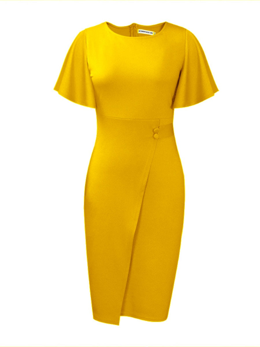 Commuting Lotus Leaf Sleeves Buttons Solid Color Mini&Short Dresses
