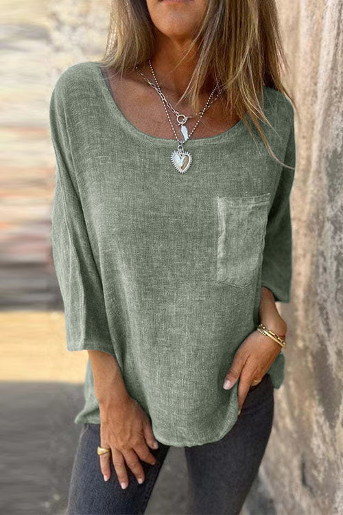 3/4 Sleeves Pocketed Cotton Linen Casual T-shirt