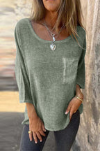 3/4 Sleeves Pocketed Cotton Linen Casual T-shirt