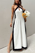 Halter Backless Side Split Color Block Cotton Linen Maxi Dress