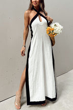 Halter Backless Side Split Color Block Cotton Linen Maxi Dress