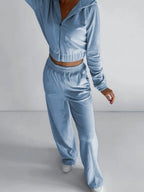 Liber Autumn women's clothing zipper Hooded long-sleeved cardigan two-piece set