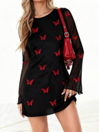 Leopard Print Round Neck Long Sleeve Mini&Short Dresses