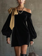 Off-shoulder Balloon Sleeve Bow Banquet Mini&Short Dresses