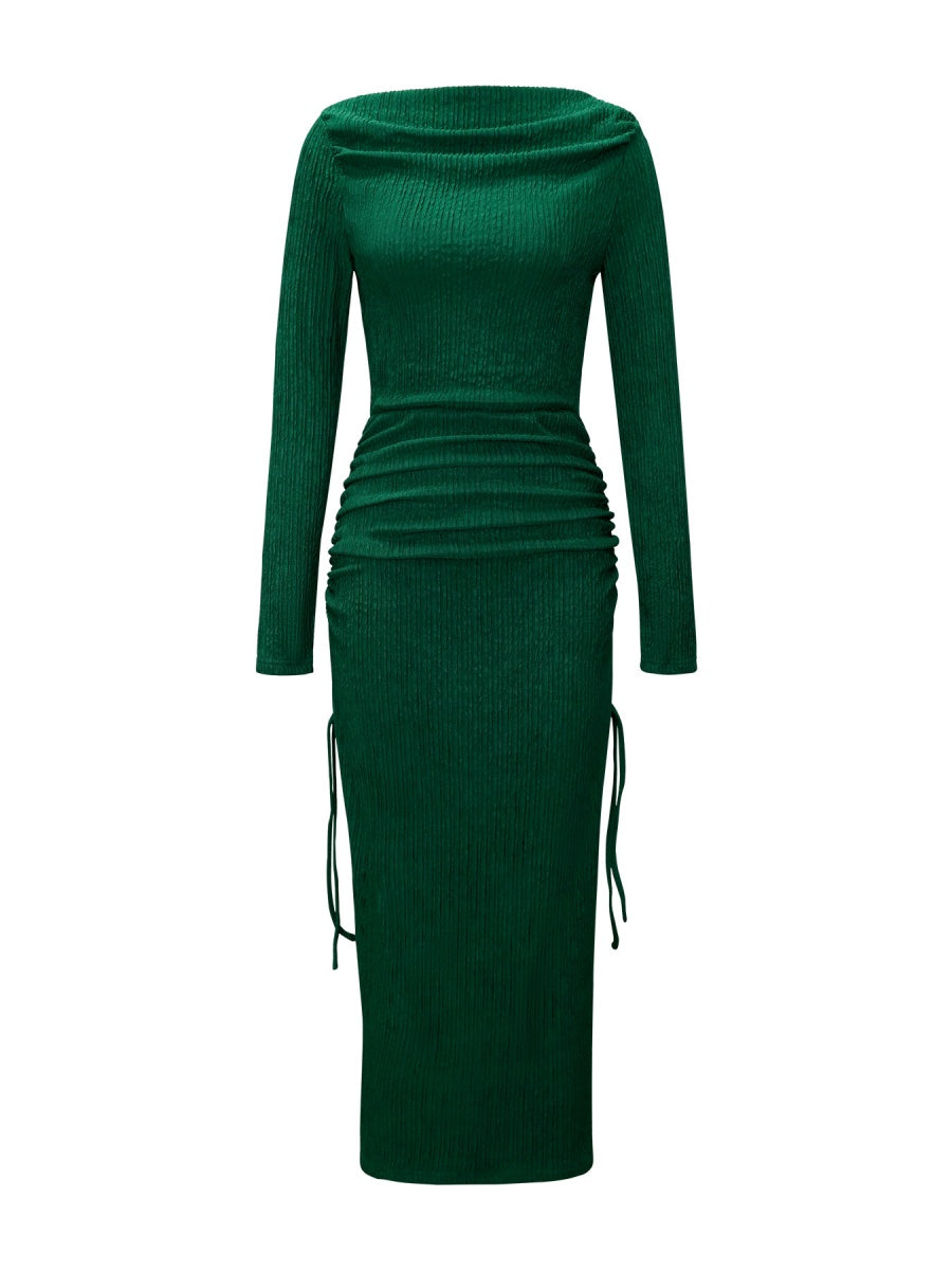 Knitting Long Sleeve High Waist Slim-fit Hip-hugging Drawstring Maxi Dresses