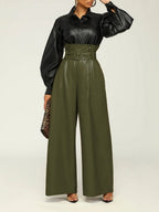 High Waist PU Leather Metal Belt Wide-leg Trousers