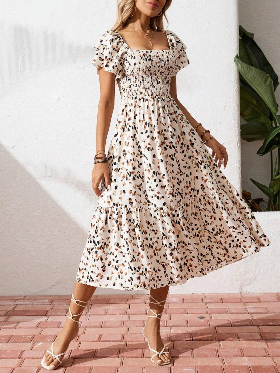 Floral Short Sleeve Square Collar Ruffle Vacation And Leisure Maxi Dresses