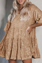 Sequin Tiered Ruffle Short Sleeve Babydoll Mini Dress
