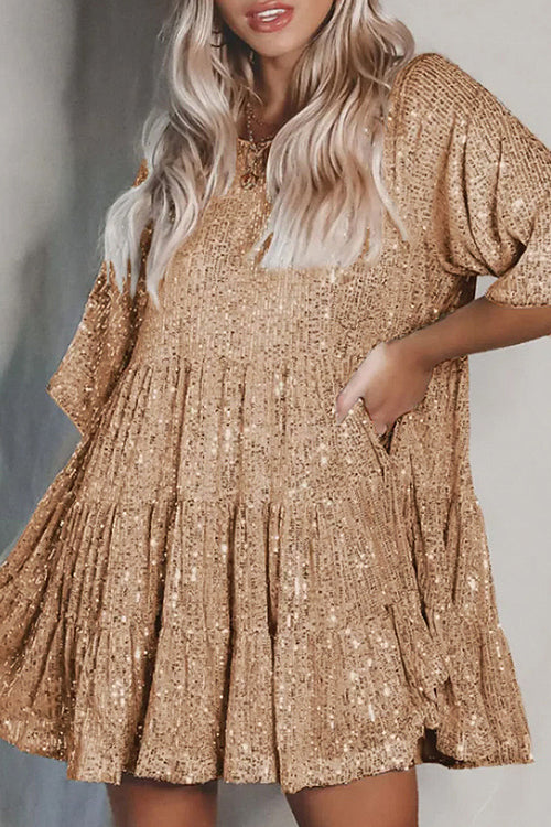 Sequin Tiered Ruffle Short Sleeve Babydoll Mini Dress