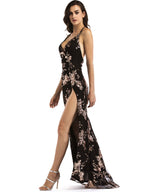 Sequins Embroidery Backless Suspenders Maxi Dresses