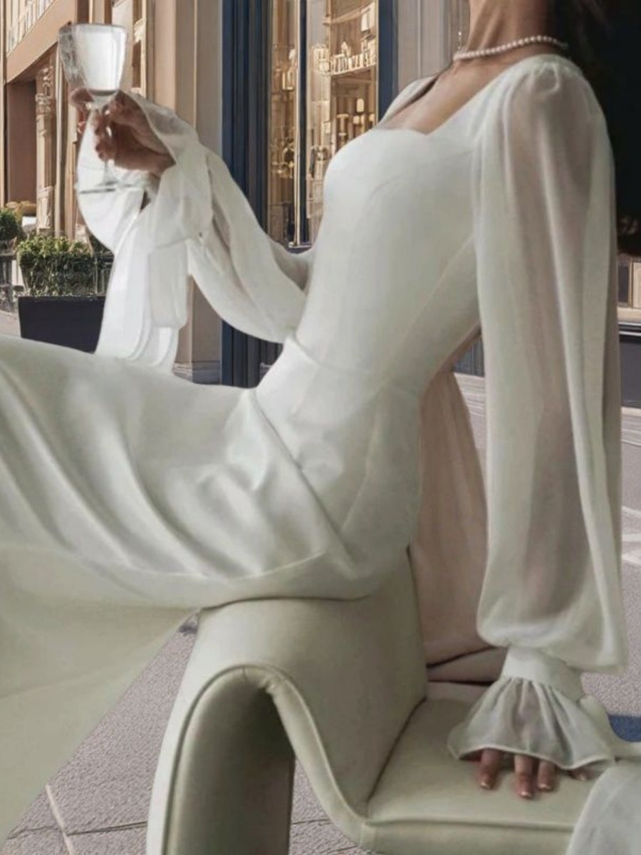 Square Collar Splicing Mesh Formal Dress Maxi Dresses