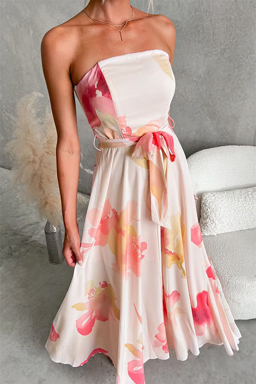 Strapless Tube Tie Waist Floral Print Maxi Dress
