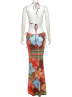 Color-blocked Print Strappy Top High-waisted Midi Skirt 3 Piece Bikinis
