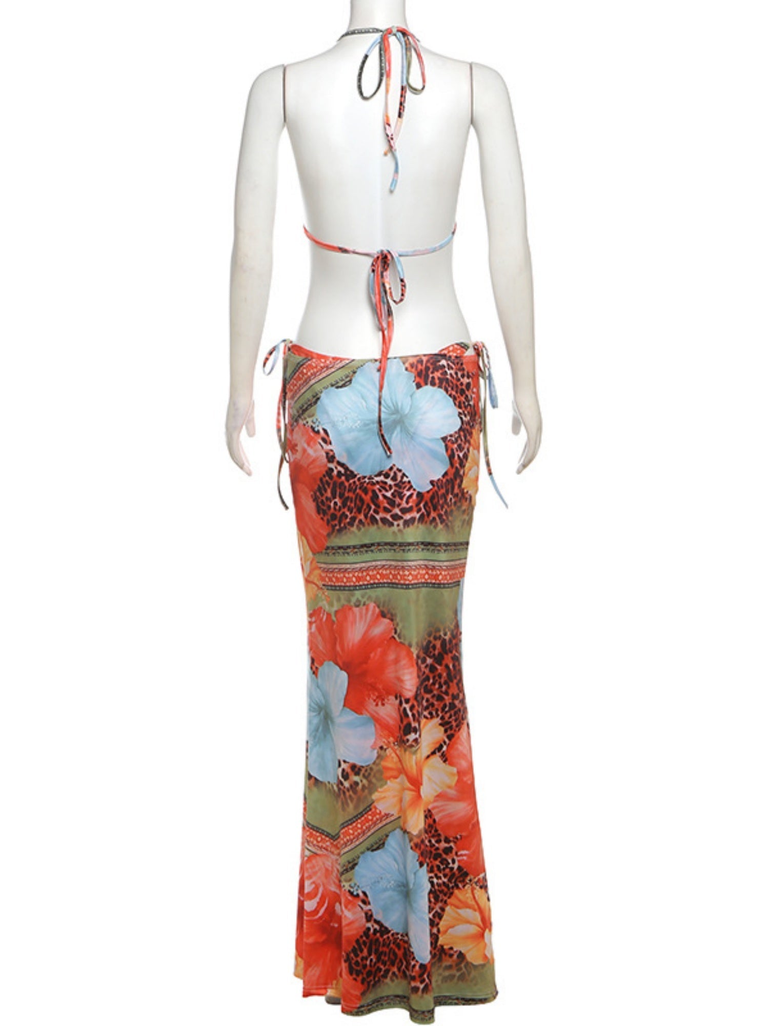 Color-blocked Print Strappy Top High-waisted Midi Skirt 3 Piece Bikinis