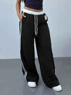 Striped Color Blocking Elastic Waistband Lace Up Pants