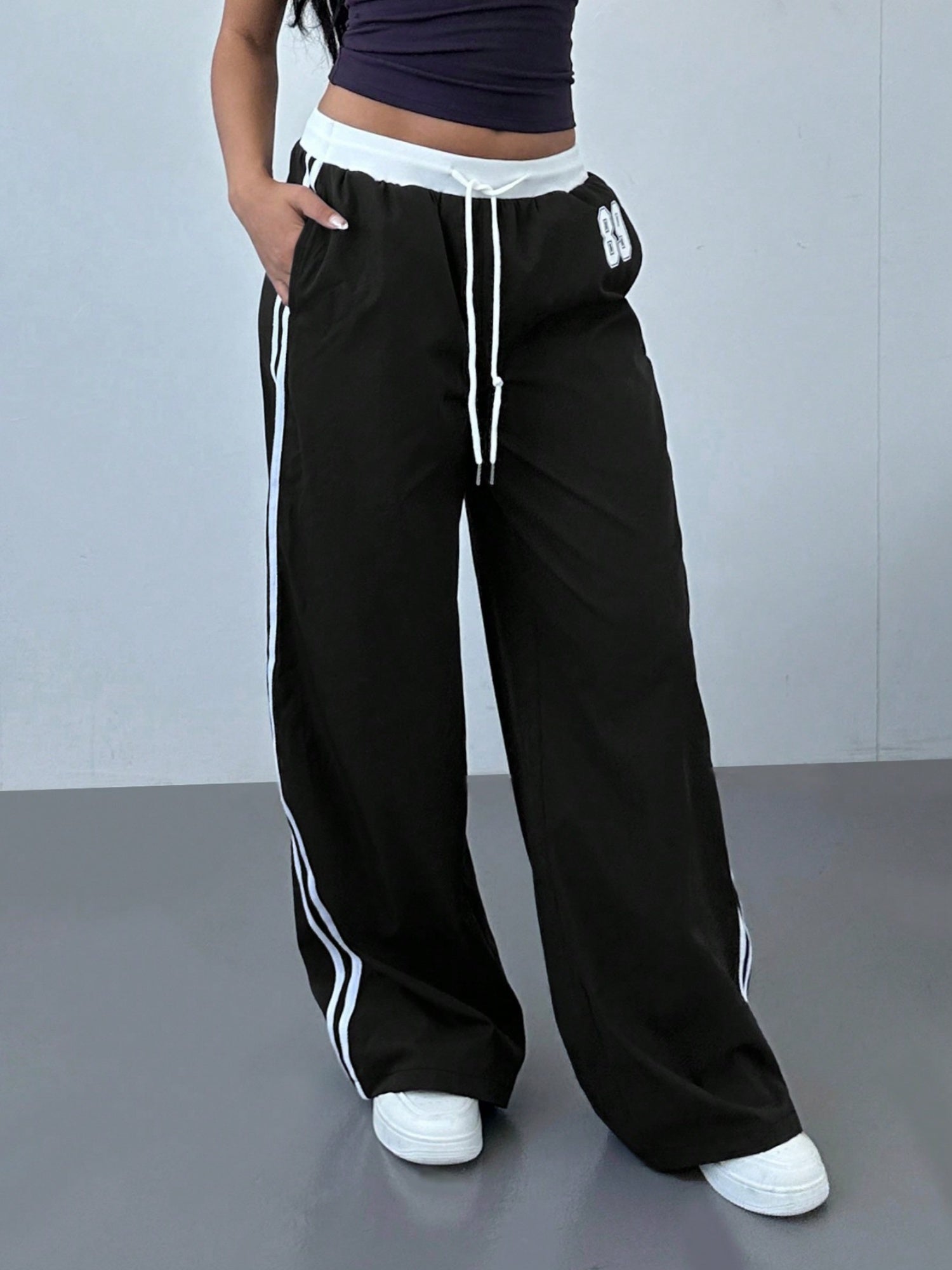 Striped Color Blocking Elastic Waistband Lace Up Pants