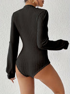 Ruffled Hem Stand Collar Lantern Sleeve Long-sleeved Knitted Brushed Ribbed Bodysuit Top