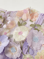 Embroidered 3D Floral Fitted Waist Short-sleeved Long Dress