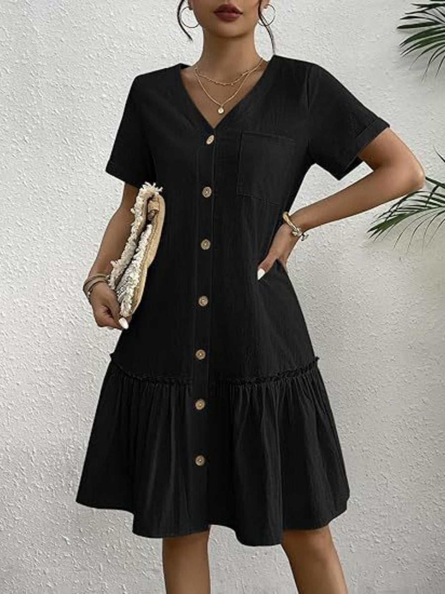 Single Row V-neck Loose-fit Short Sleeve Mini&Short Dresses