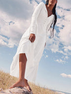 V-Neck Button Front Long Sleeve Side Slit Maxi Dress