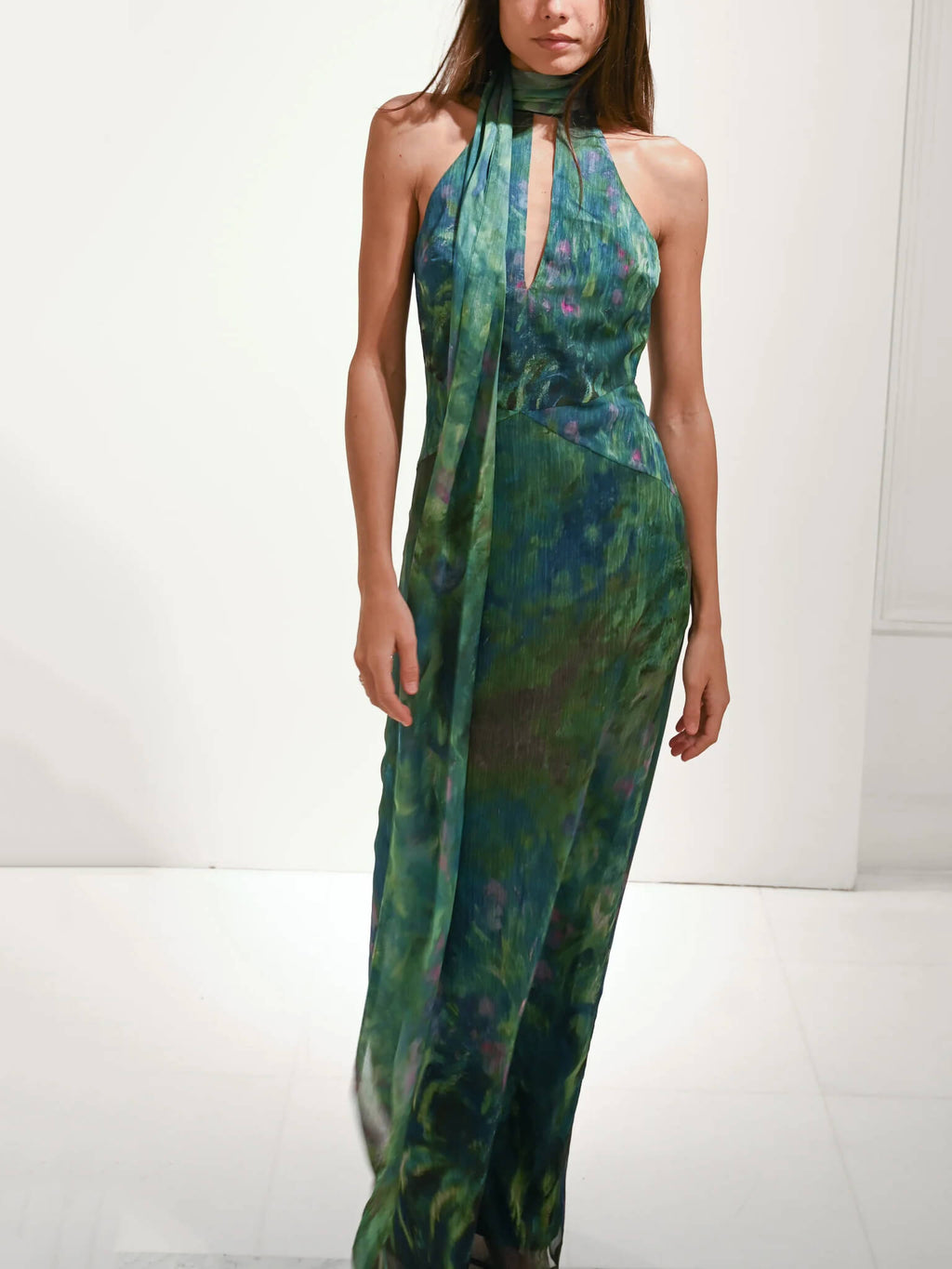 Halter Keyhole Criss Cross Waist Impressionist Print Plisse Maxi Gown