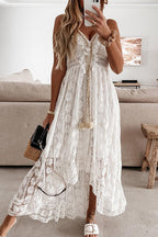 Lace Pom-Pom Drawstring Deep V-Neck High-Low Maxi Dress