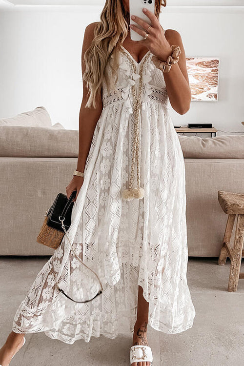 Lace Pom-Pom Drawstring Deep V-Neck High-Low Maxi Dress