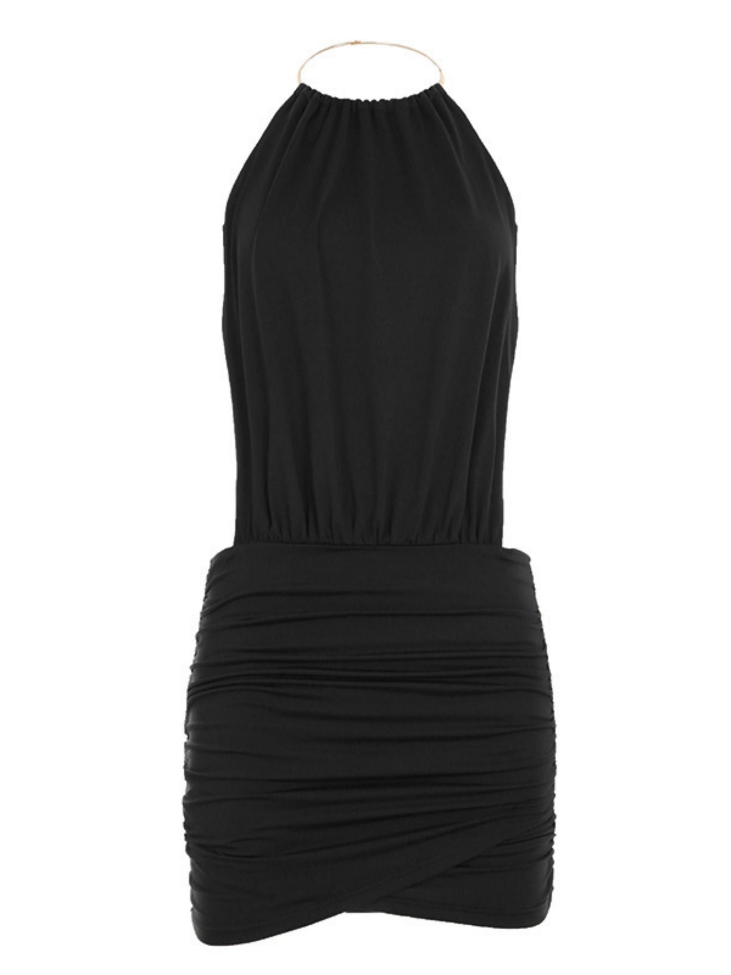 Metal Ring Halter-neck Sleeveless Backless Splicing Hip Wrap Mini&Short Dresses