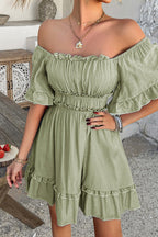 Contrast Trim Off Shoulder Ruffle Neck Smocked Waist Tiered Mini Dress