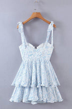 Bustier Sweetheart Tie Shoulder Button Front Tiered Ruffle Mini Dress