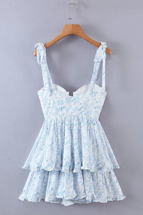 Bustier Sweetheart Tie Shoulder Button Front Tiered Ruffle Mini Dress