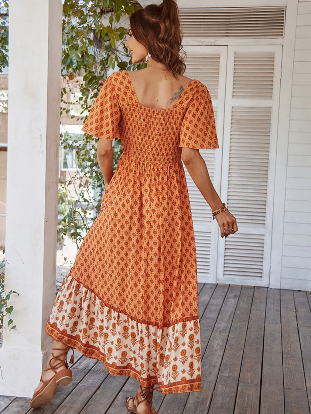 Printed Color-blocked Square Neck Short Sleeve Maxi Dresses