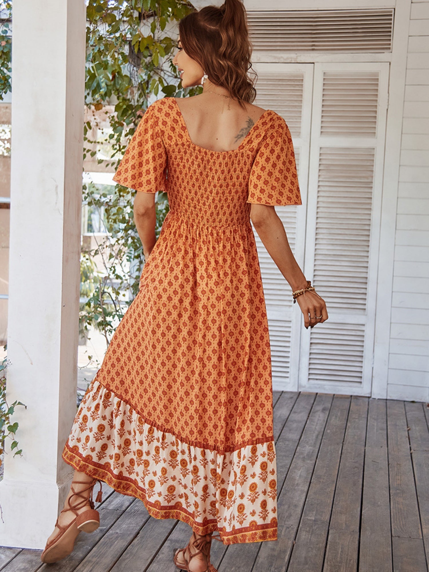 Printed Color-blocked Square Neck Short Sleeve Maxi Dresses