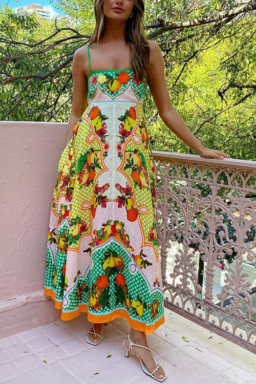 Spaghetti Strap Square Neck Illustrative Print Empire Waist Midi Dress