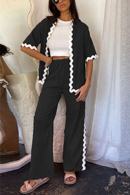 Ric Rac Short Sleeves Button Up Shirt Elastic Waist Pants Set