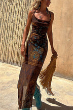 Scoop Neck Spaghetti Strap Patchwork Geometric Print Maxi Dress