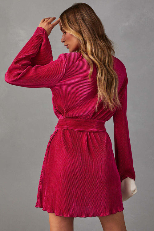 Plisse Pleated Tie Waist Crew Neck Long Sleeve Mini Dress