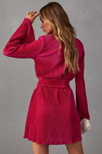 Plisse Pleated Tie Waist Crew Neck Long Sleeve Mini Dress